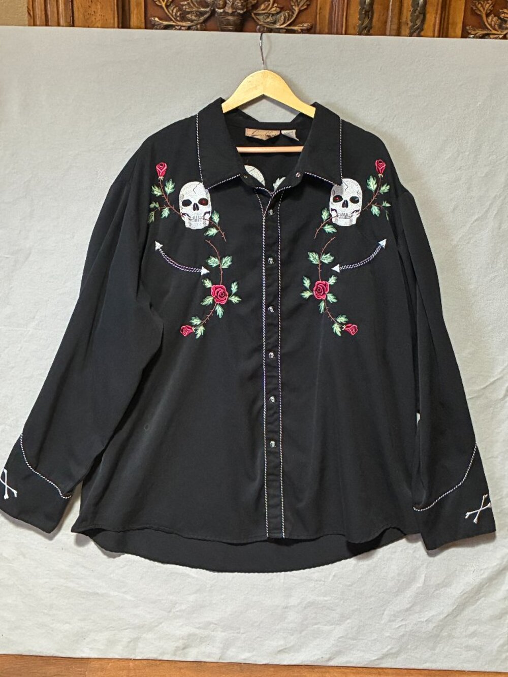 Scully Skull Roses Western Shirt Men 3X Black Embroidered Rockabilly With Stains